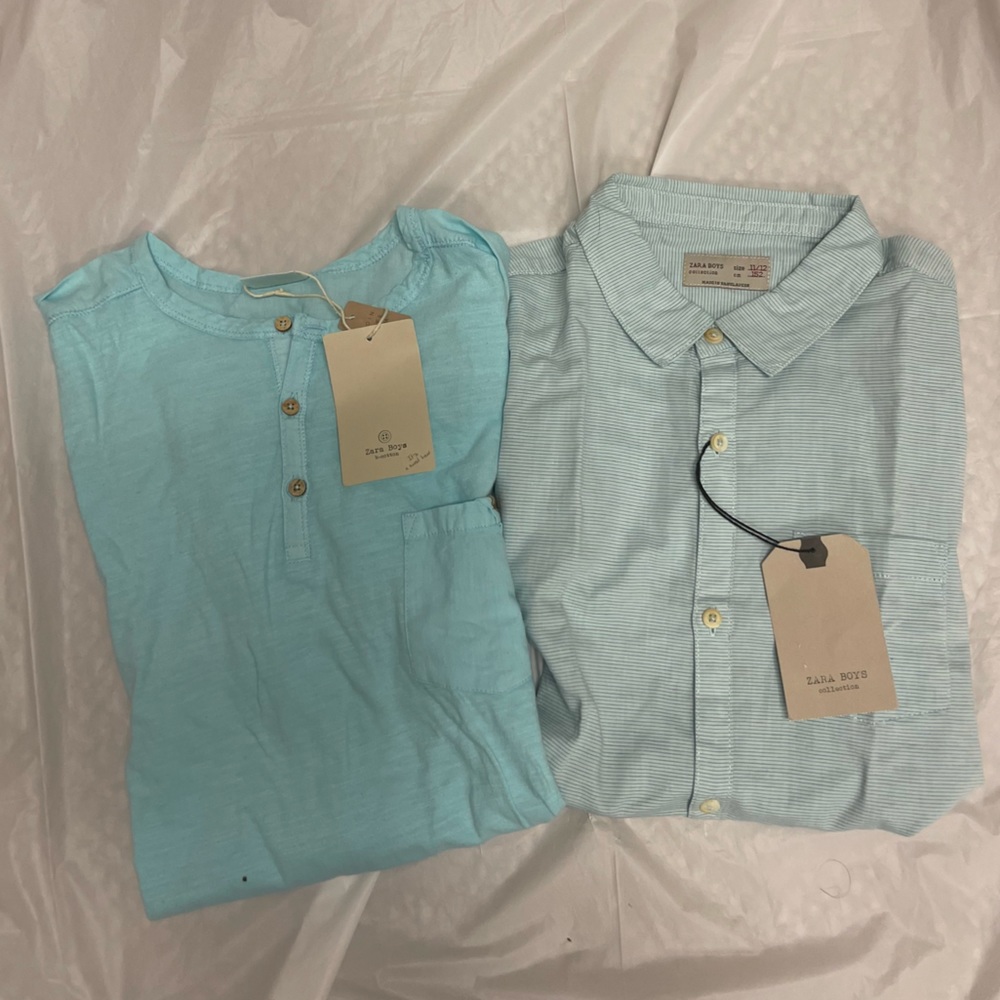 2 blue Zara shirts one button down and one tee shirt